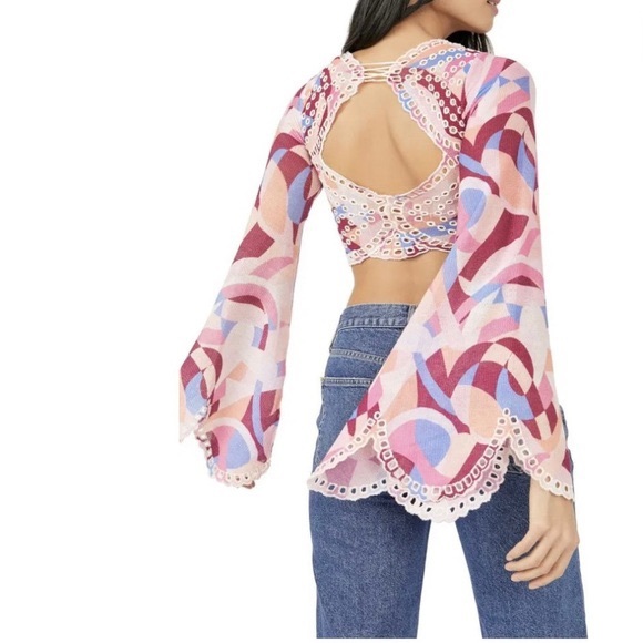 𝓯𝓹 Free People ~ Eyes on You Bell Sleeve Eyelet Mesh Crop Top - Picture 8 of 13